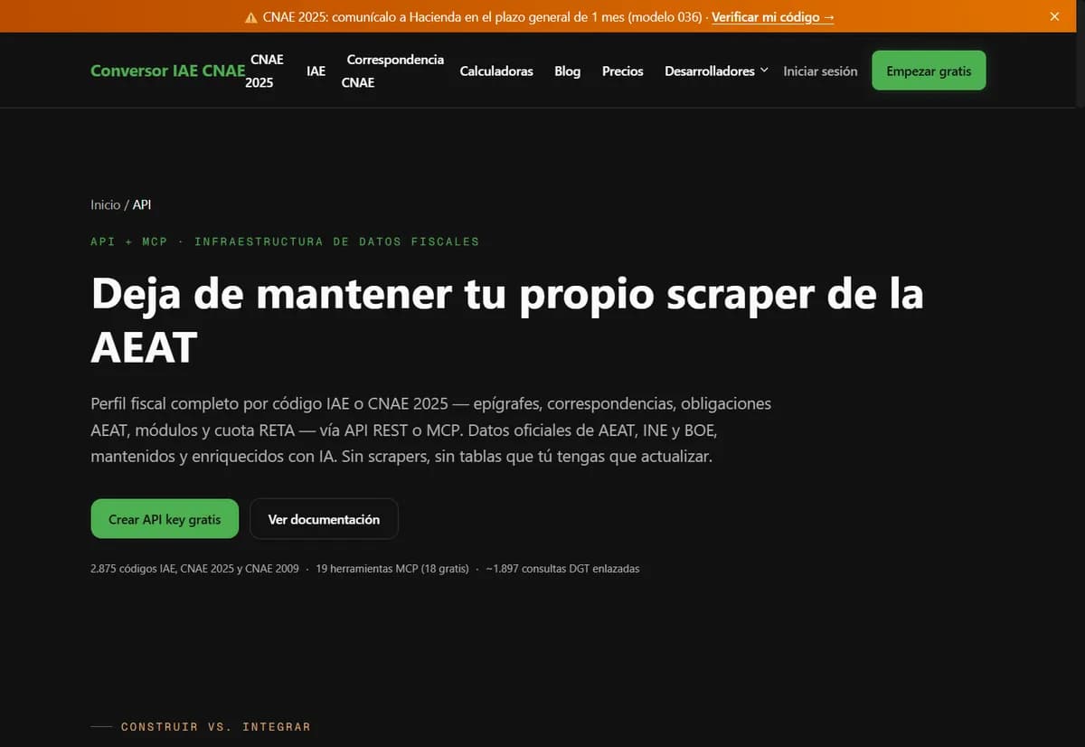 Página de documentación de la API y el servidor MCP de Conversor IAE CNAE