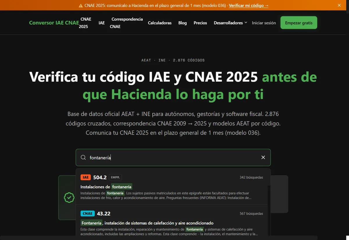Buscador de epígrafes IAE y códigos CNAE de Conversor IAE CNAE mostrando resultados para 'fontanería'