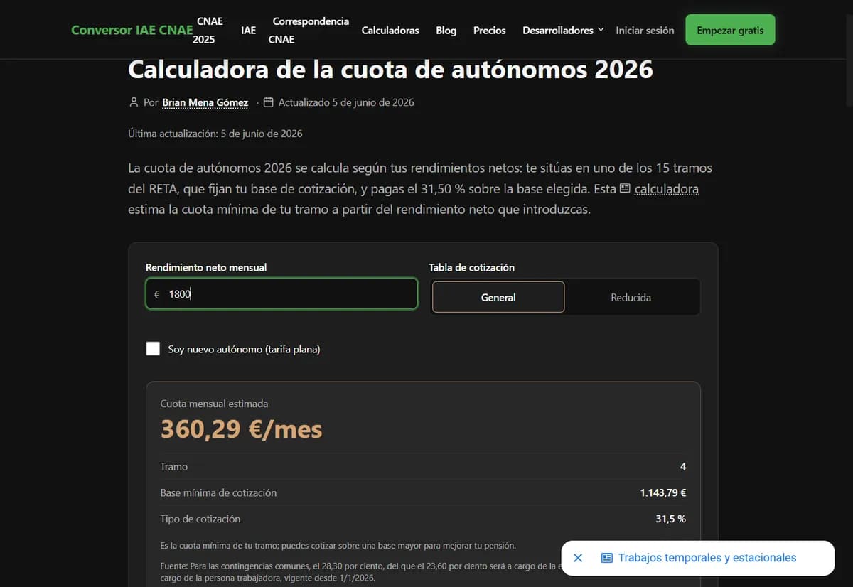 Calculadora de la cuota de autónomos 2026 de Conversor IAE CNAE con un resultado calculado