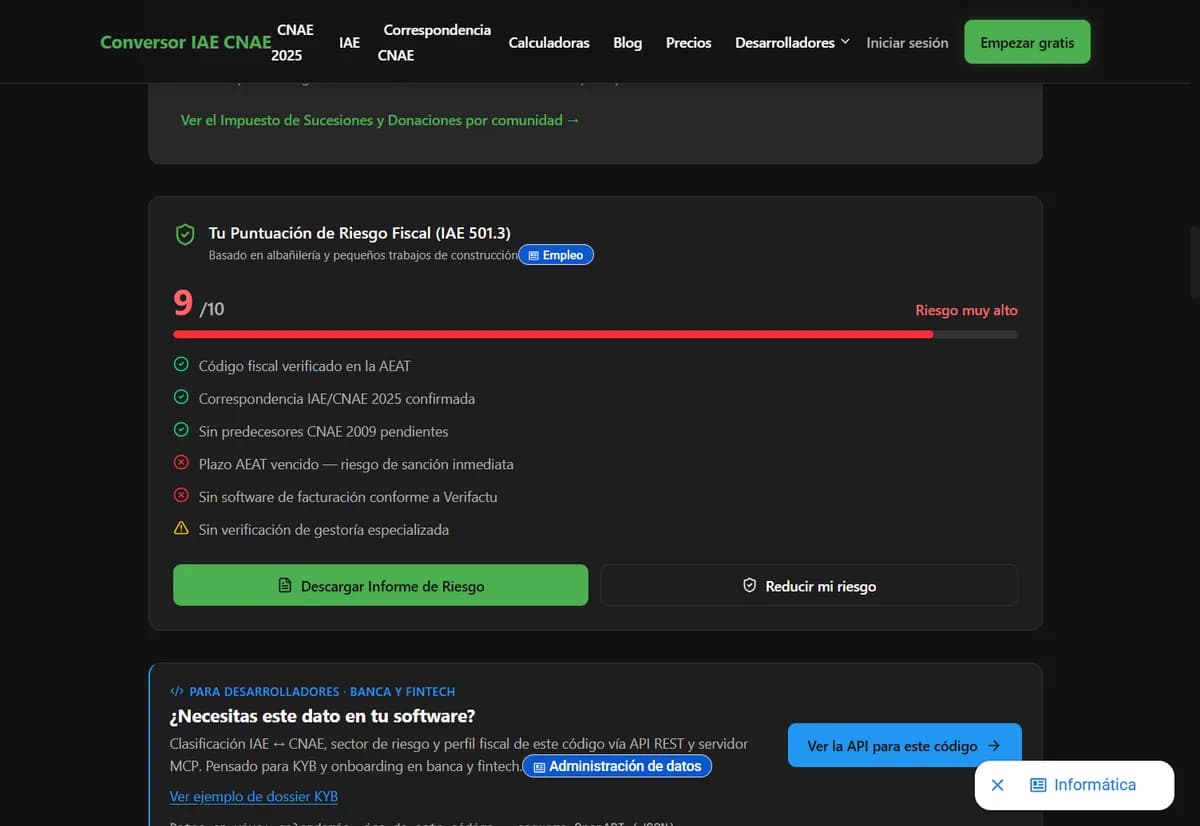 Ficha de un código IAE en Conversor IAE CNAE con la Puntuación de Riesgo Fiscal antes del alta de autónomo