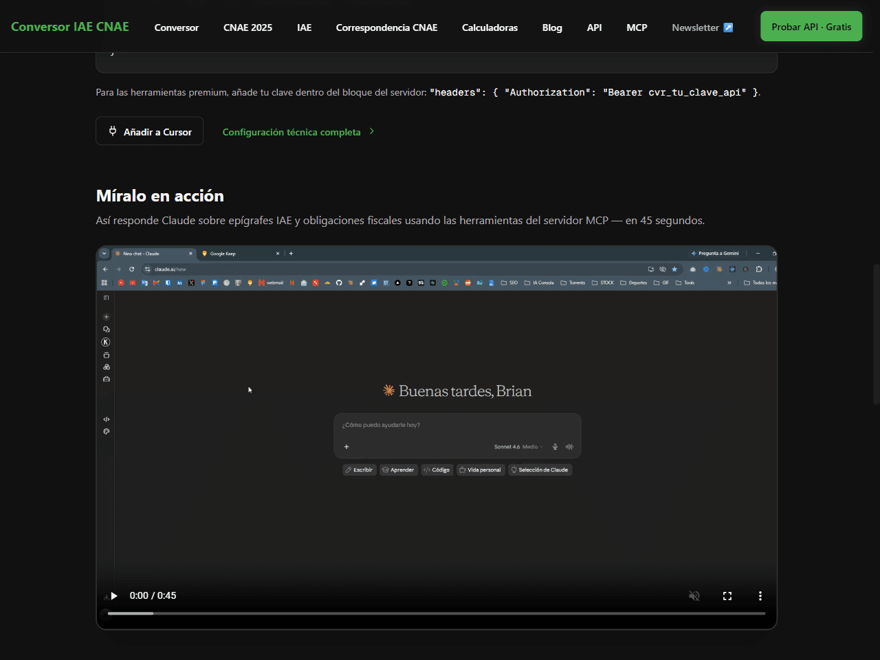 Pantalla de configuración de servidores MCP en Cursor con el servidor del Conversor IAE CNAE añadido