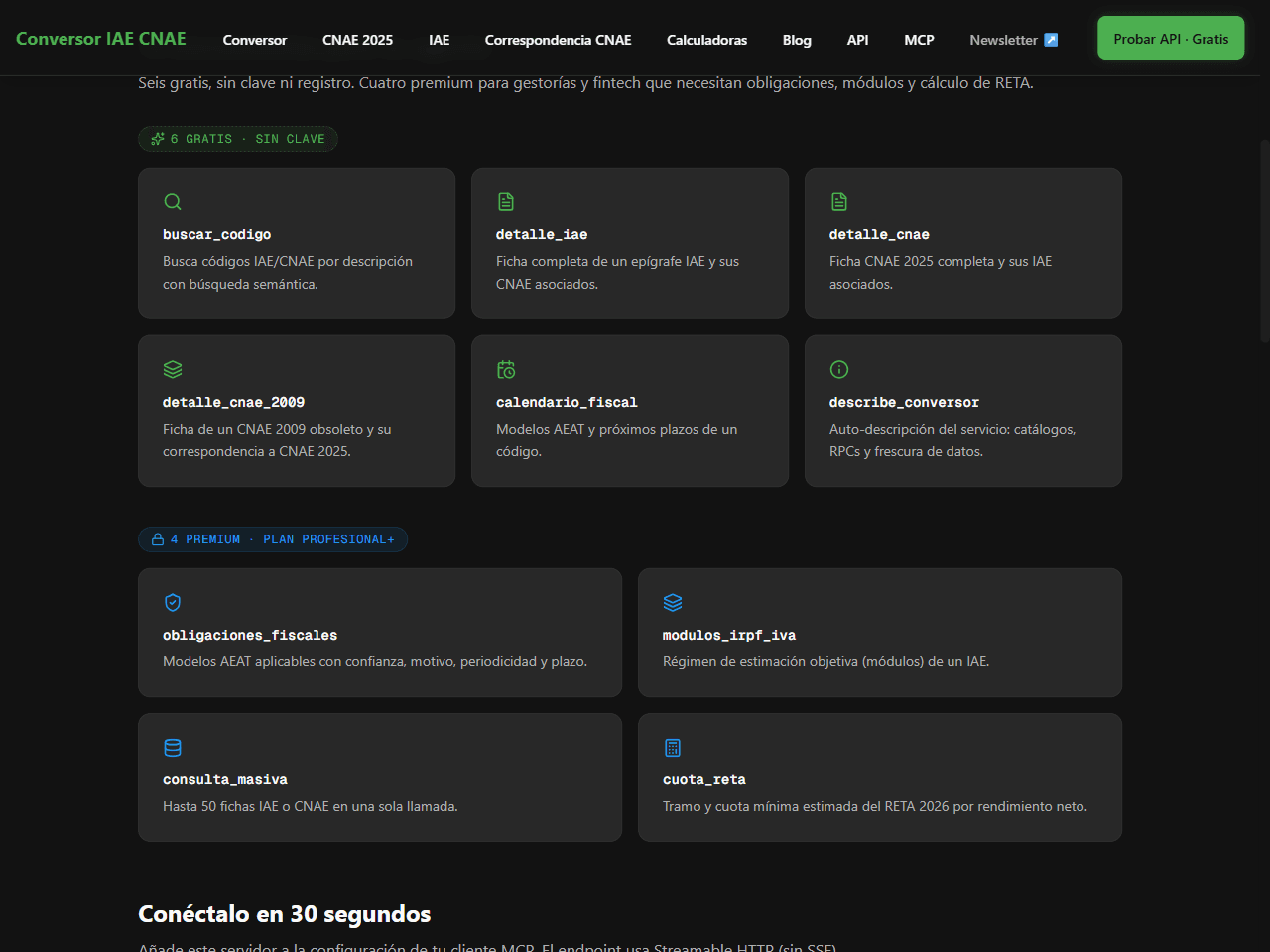 Catálogo de herramientas del servidor MCP fiscal del Conversor IAE CNAE