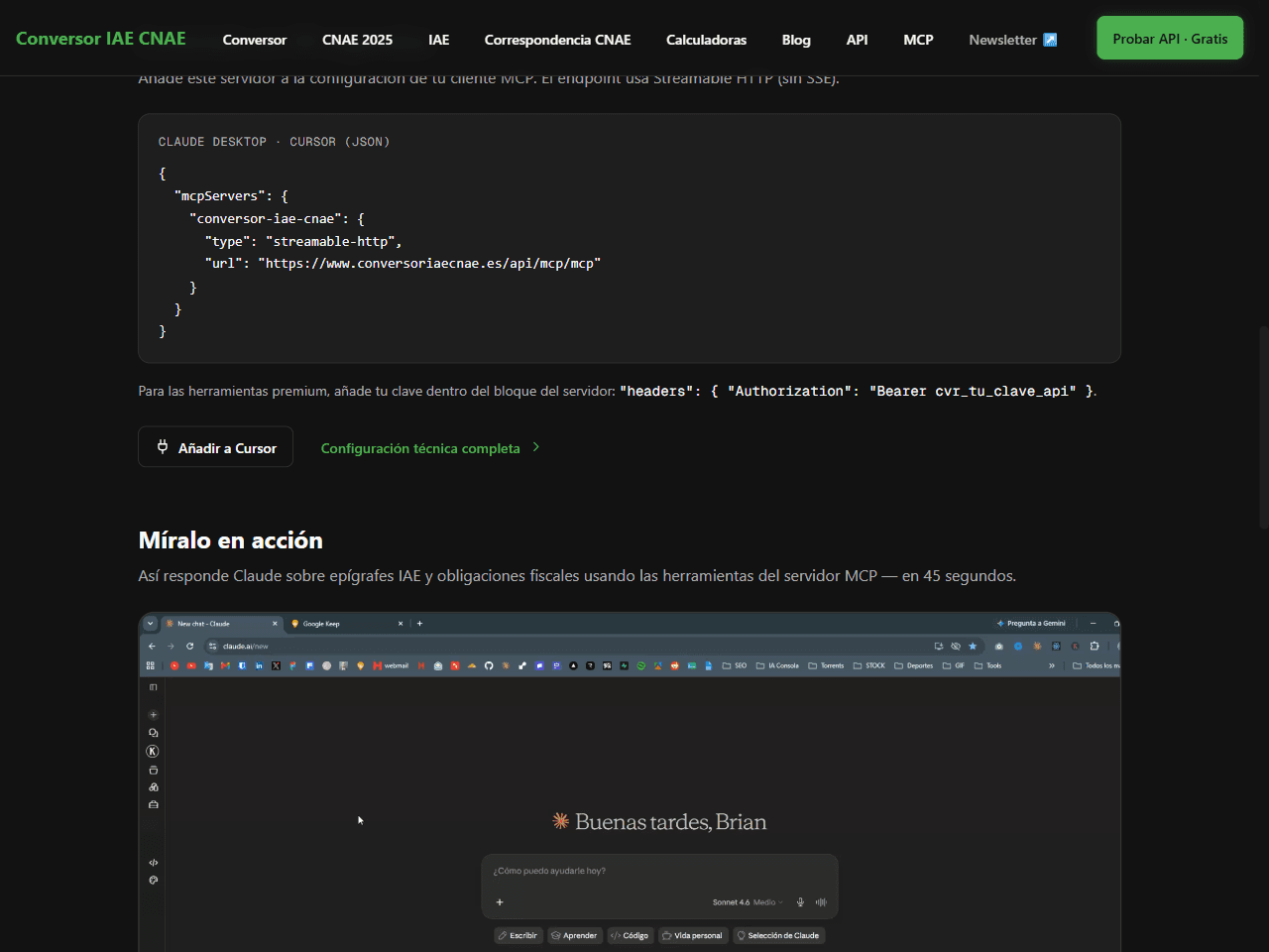 Pantalla de ajustes de conectores en claude.ai mostrando la URL de transporte del Conversor IAE CNAE